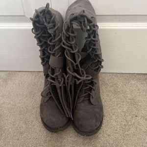 Shoedazzle Women’s Piper Grey Lace Up Combat Faux Suede Knee High Boots (Size 9)